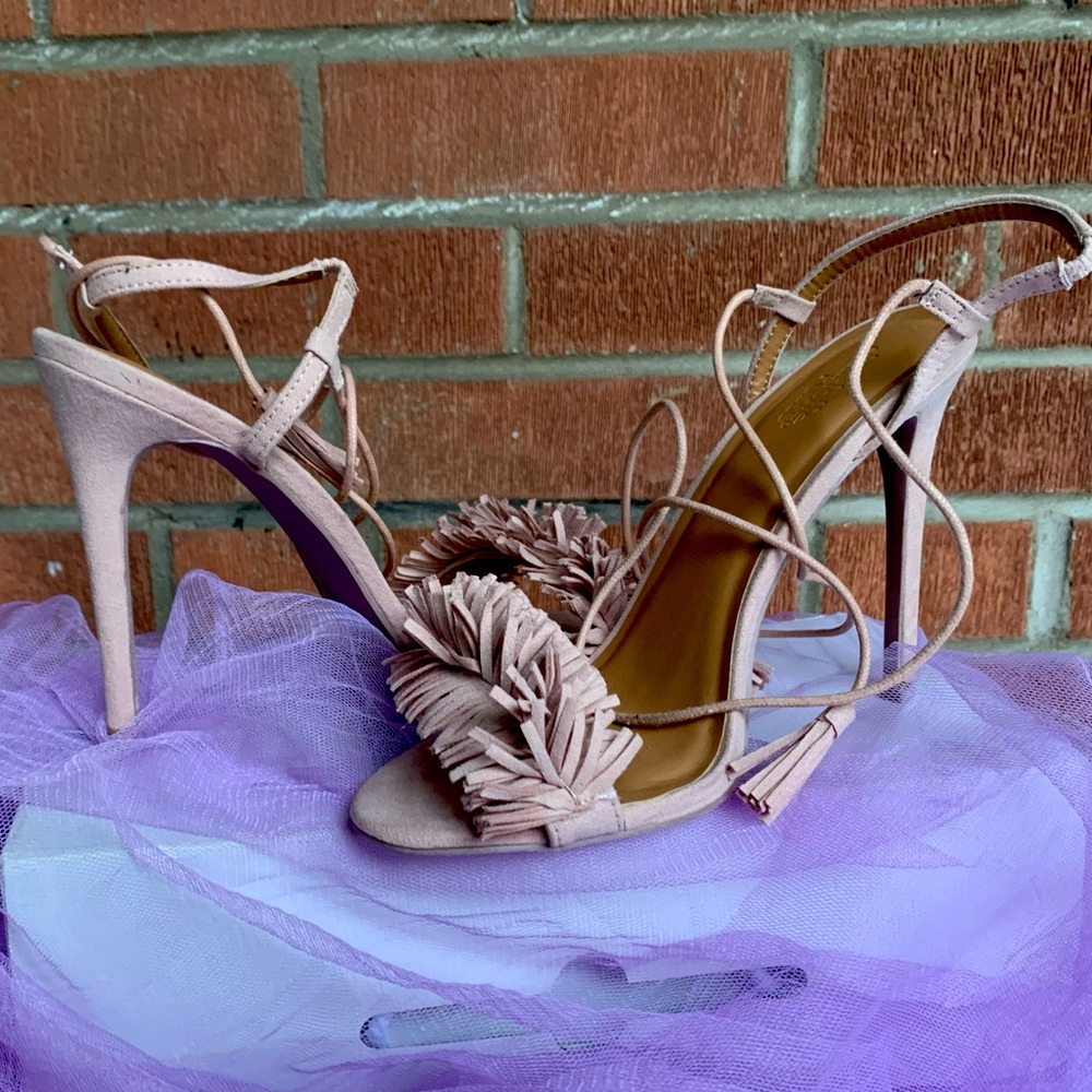 Beige Fringe Lace Up High Heel Sandals